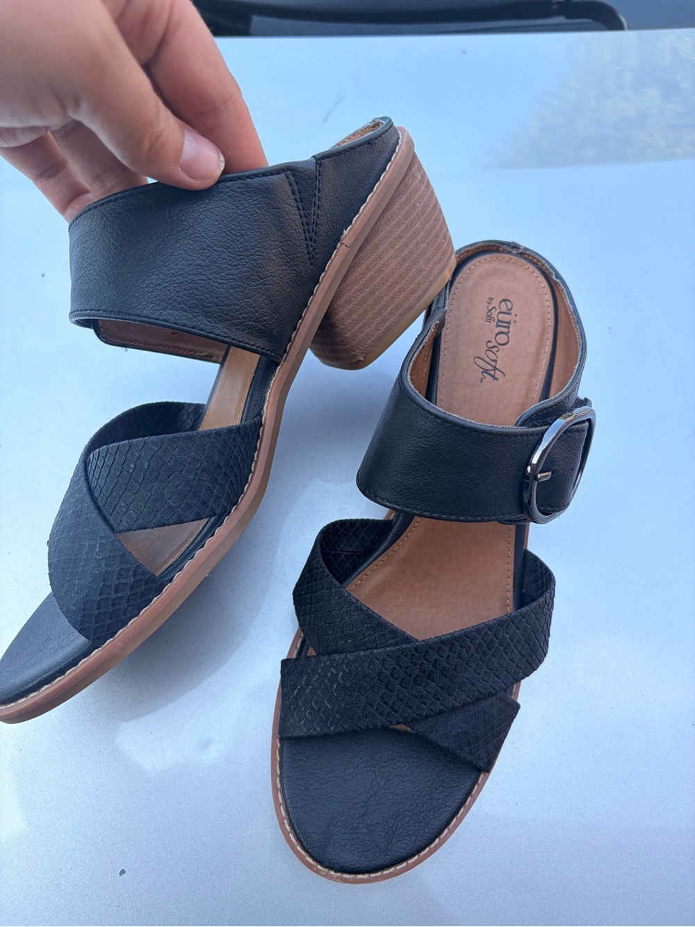 Eurosoft Black Crisscross Buckle Block Heel Sandal - Comfortable Women’s Sandal